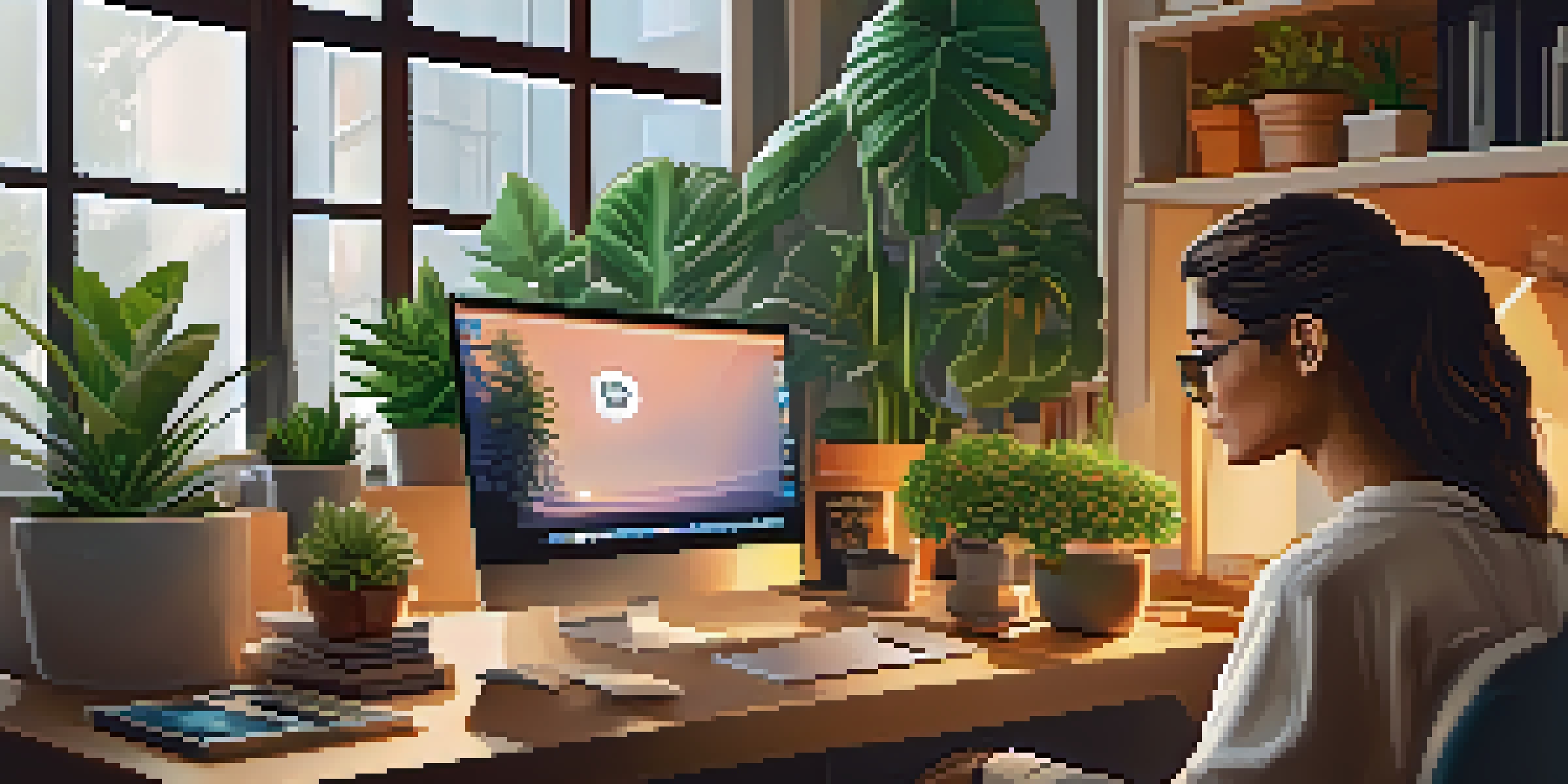 A freelancer working at a laptop in a cozy home office with houseplants and cryptocurrency items on the desk.