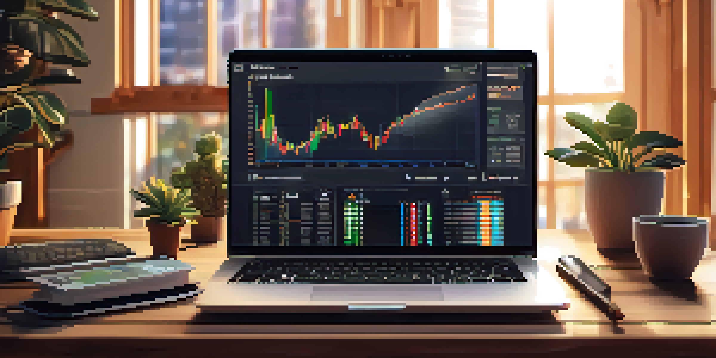 A laptop on a wooden desk showing cryptocurrency trading charts, with a cozy room in the background.