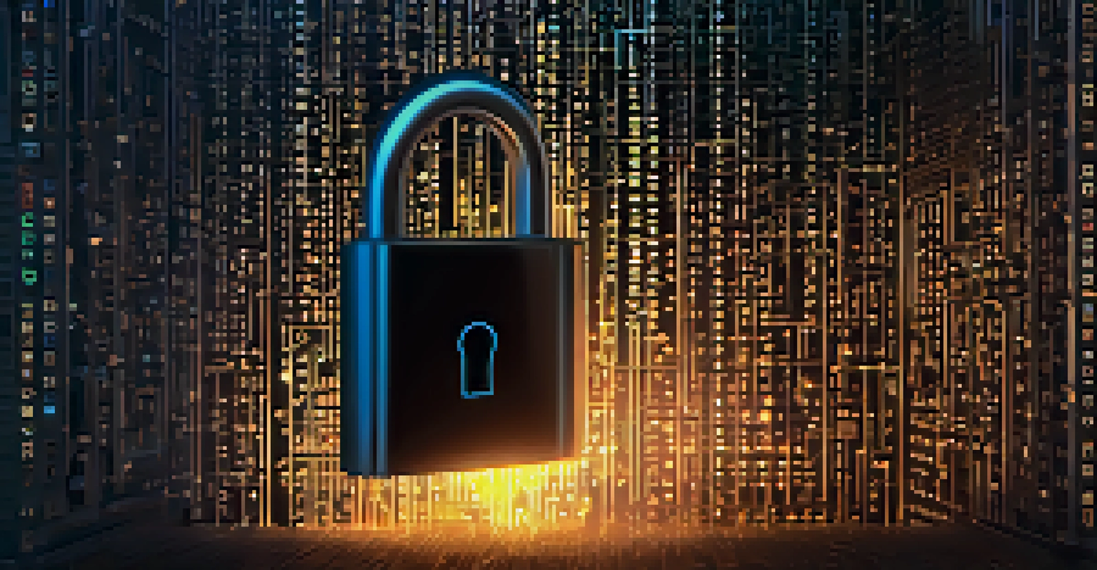 An artistic digital lock made of binary code against a dark background, surrounded by floating cryptocurrency icons.