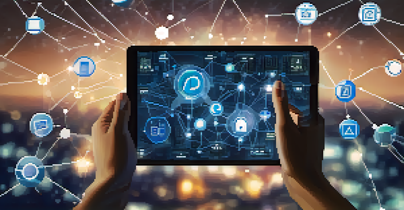 A close-up of a hand holding a digital tablet showing a blockchain interface, surrounded by floating network icons.