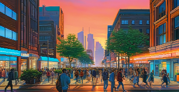 A city skyline at dusk with neon lights and people walking, showcasing a mix of traditional and modern architecture.