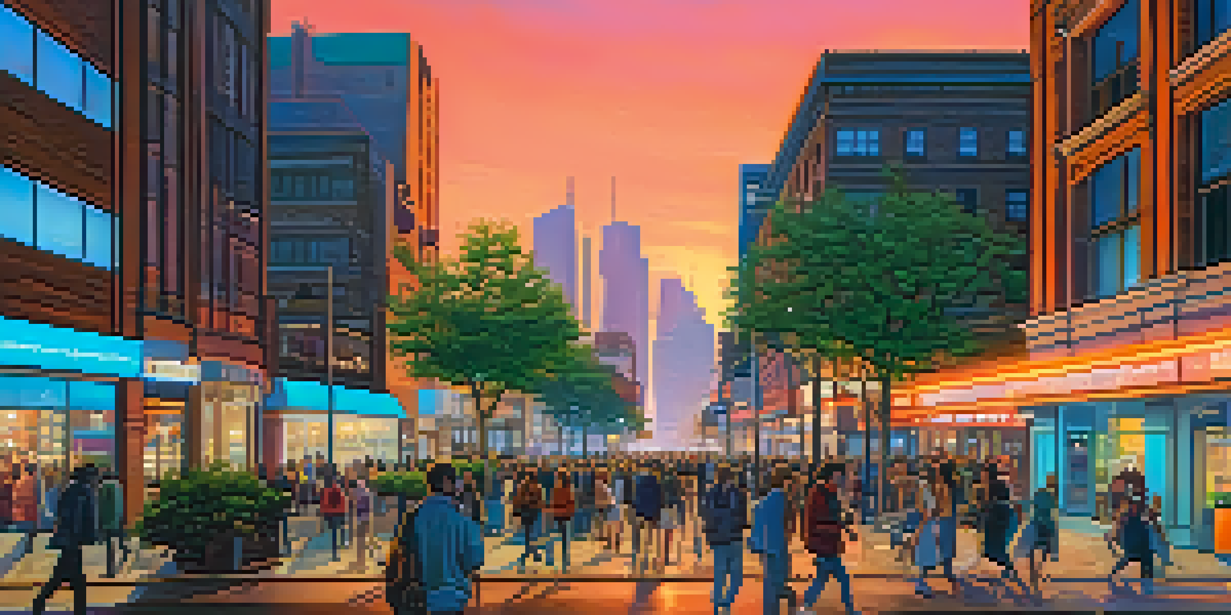 A city skyline at dusk with neon lights and people walking, showcasing a mix of traditional and modern architecture.