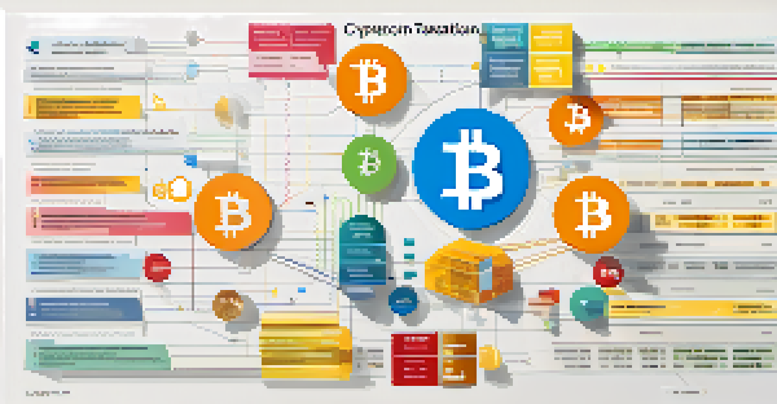 An infographic illustrating cryptocurrency taxation basics with icons and arrows on a white background.