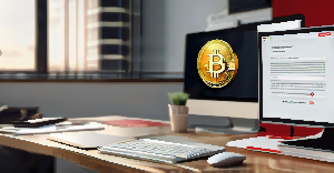 A computer screen shows a suspicious cryptocurrency website URL with a warning sign, set in a modern office environment.