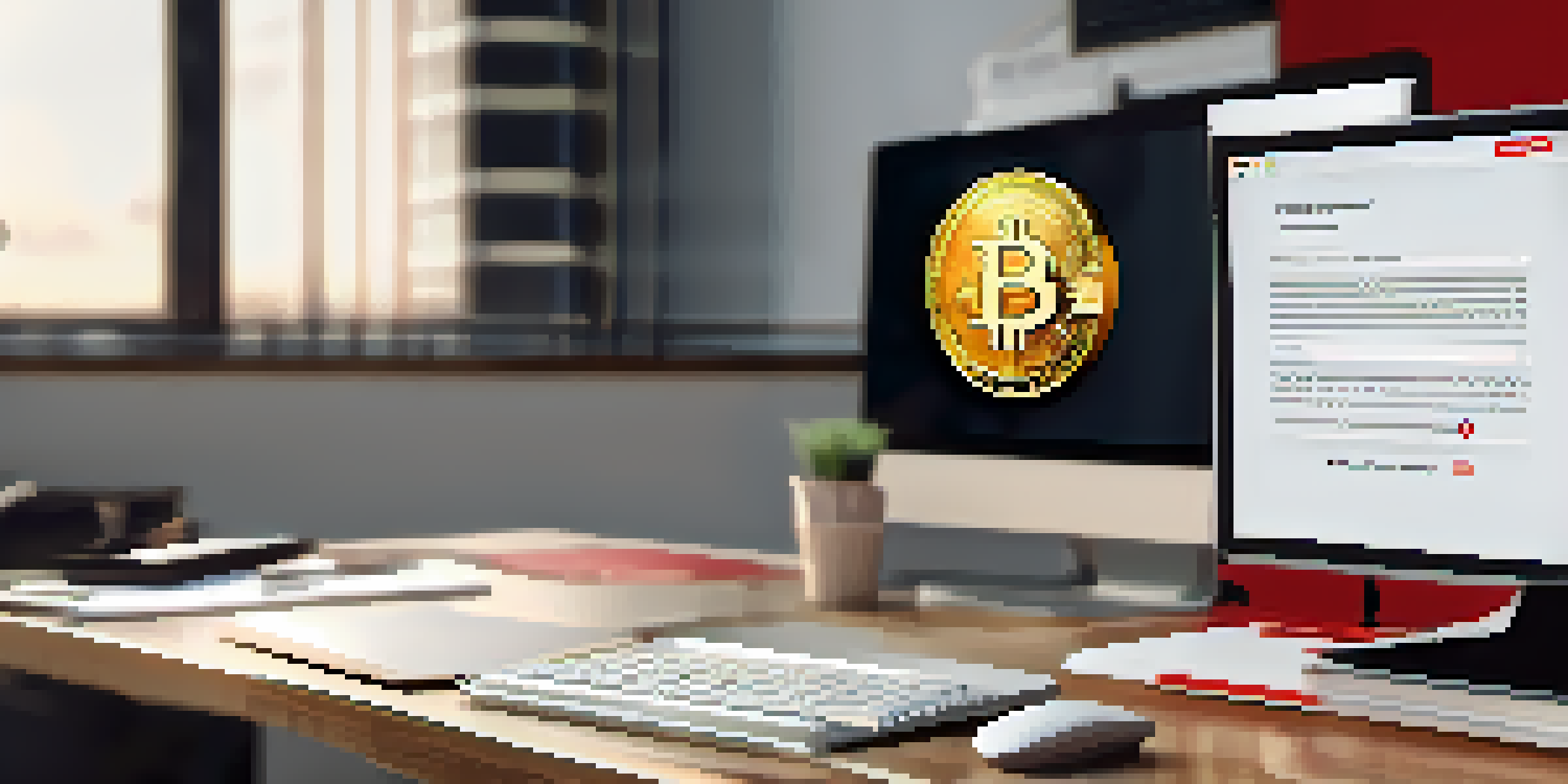 A computer screen shows a suspicious cryptocurrency website URL with a warning sign, set in a modern office environment.
