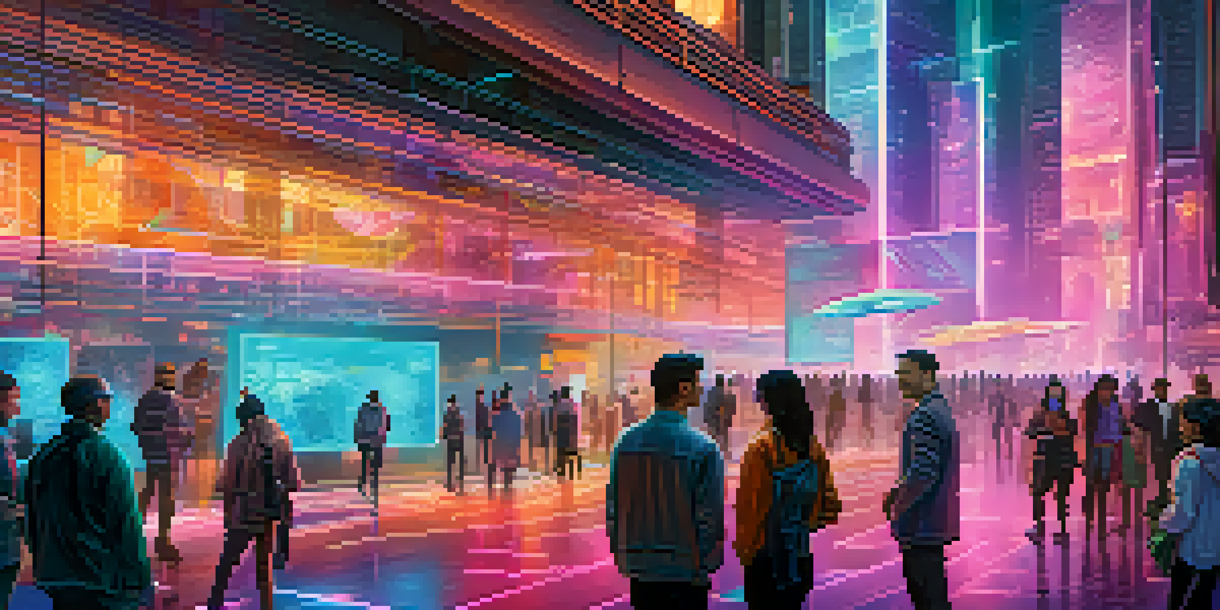A futuristic city with diverse people using holographic interfaces to manage their digital identities, illuminated in neon colors.