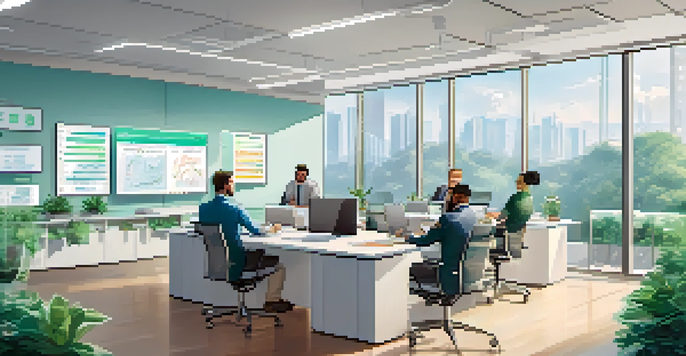 A diverse team of professionals in a modern office discussing cryptocurrency regulations, with laptops and whiteboards visible.