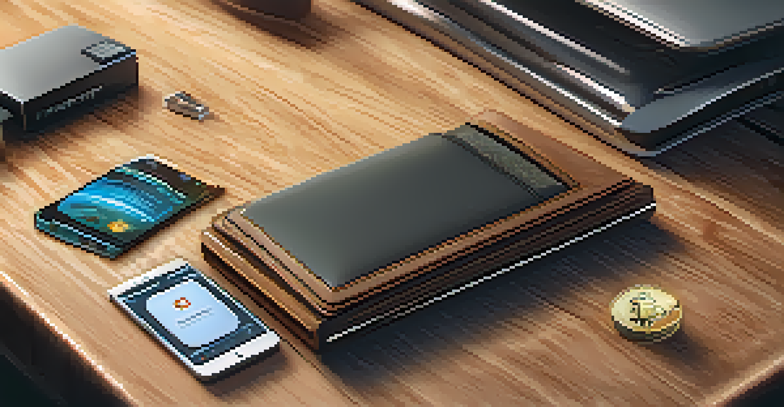 A close-up of a cryptocurrency wallet on a wooden desk with security tools, showcasing various digital coins.