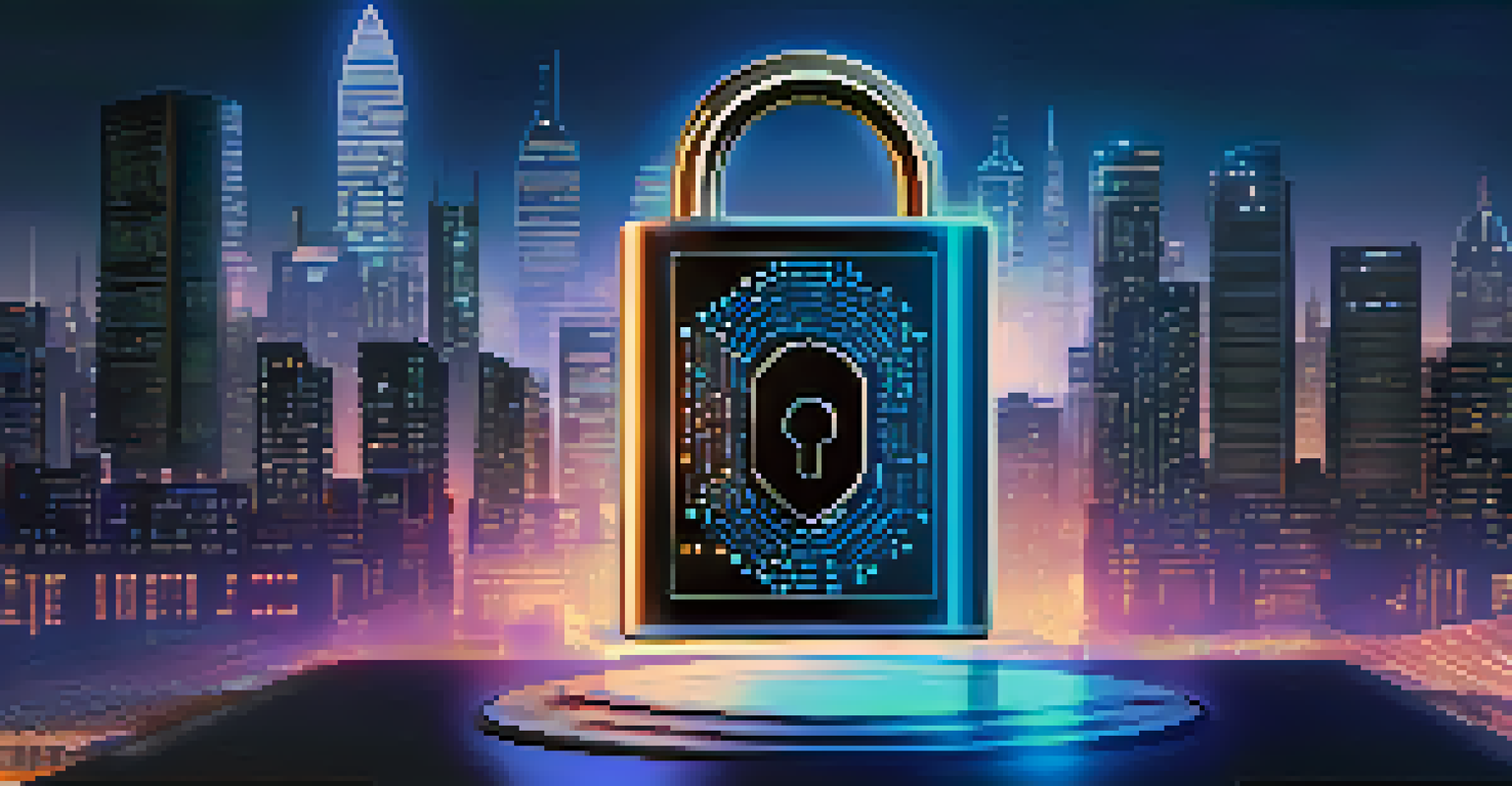 A digital lock symbolizing security in smart contracts, set against a futuristic city skyline with neon lights.