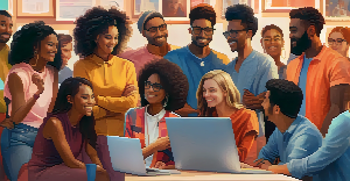 A diverse group of people collaborating around a laptop, discussing a crowdfunding project with sticky notes and coffee cups.