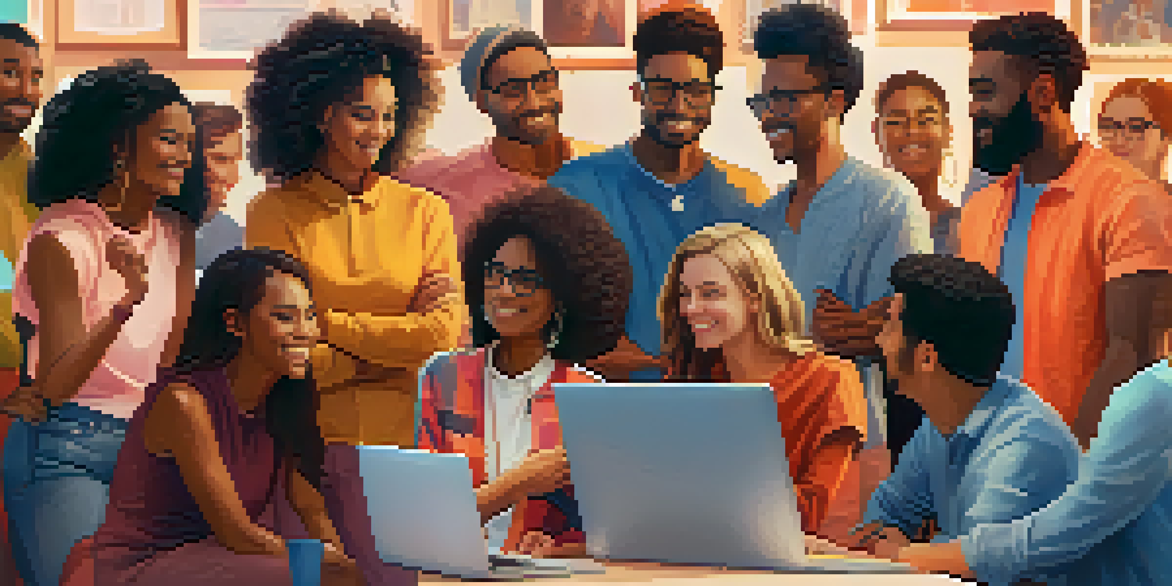 A diverse group of people collaborating around a laptop, discussing a crowdfunding project with sticky notes and coffee cups.