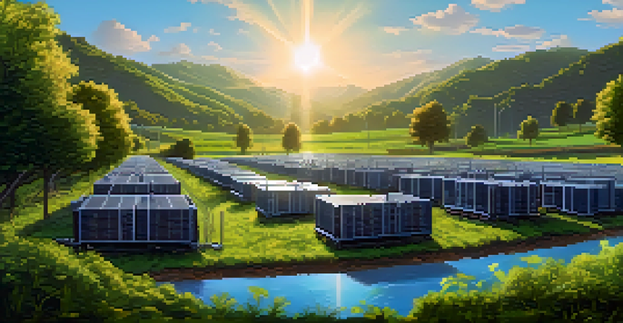 A lush valley with a cryptocurrency mining farm, featuring rows of mining rigs and cooling systems, surrounded by trees and a stream.