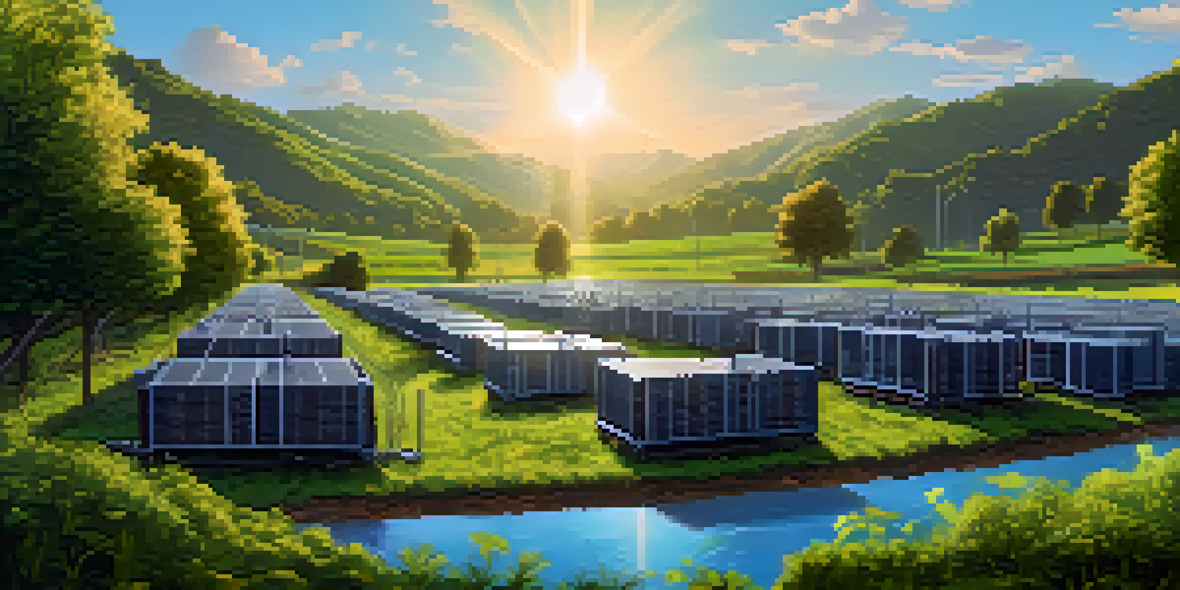 A lush valley with a cryptocurrency mining farm, featuring rows of mining rigs and cooling systems, surrounded by trees and a stream.