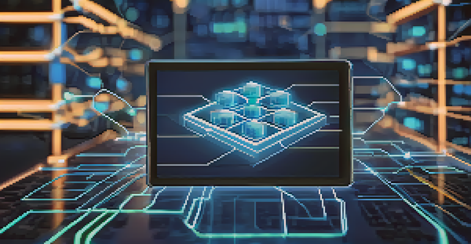A close-up view of a digital tablet showing a blockchain ledger with glowing nodes, set against a blurred image of a modern pharmacy.