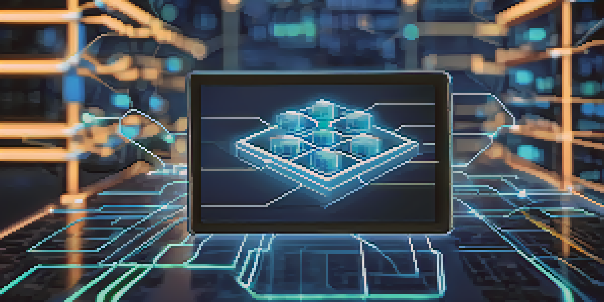 A close-up view of a digital tablet showing a blockchain ledger with glowing nodes, set against a blurred image of a modern pharmacy.