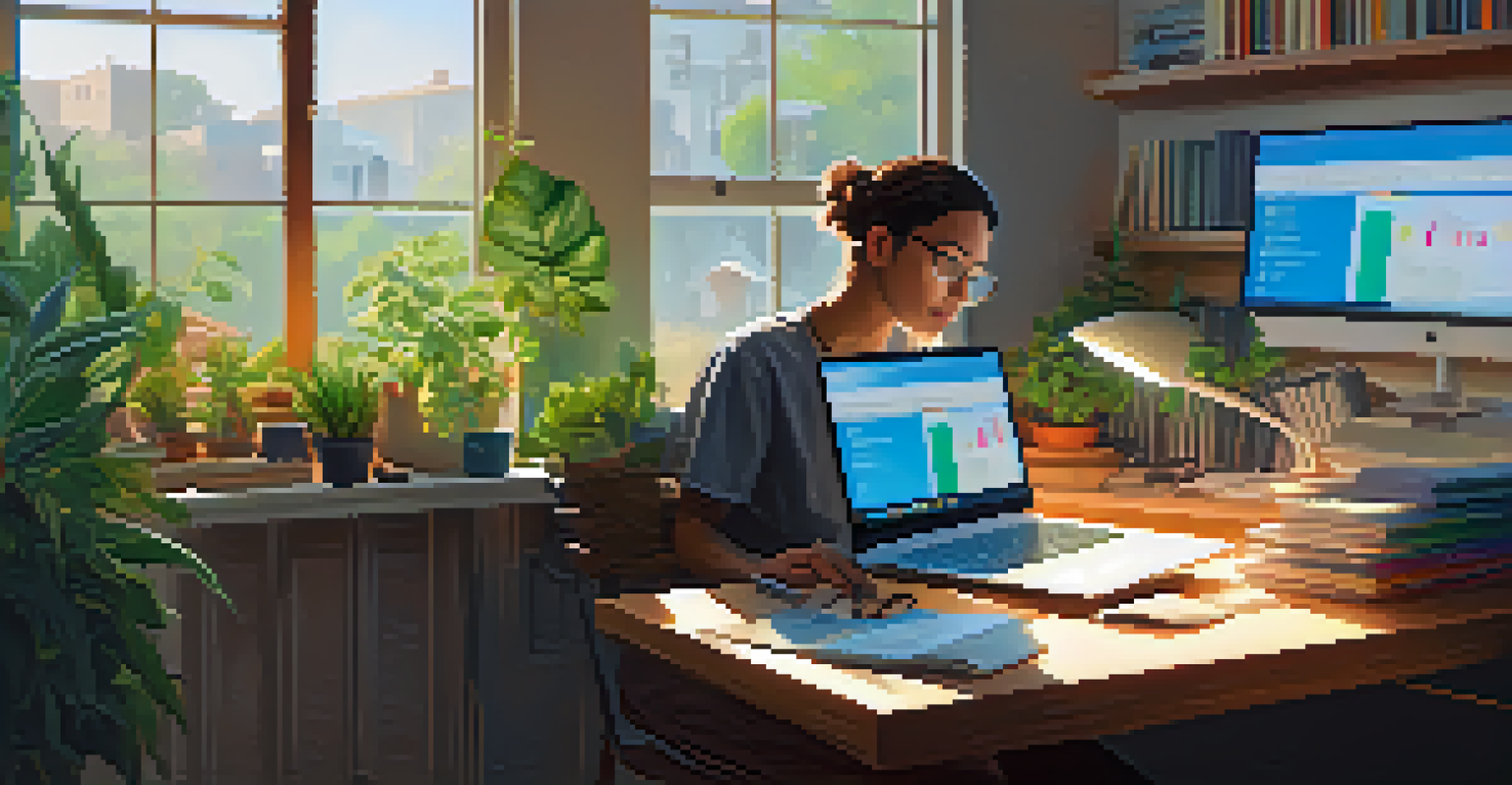 A person at a desk exploring DeFi on a laptop, surrounded by plants and finance books, with warm natural light illuminating the workspace.