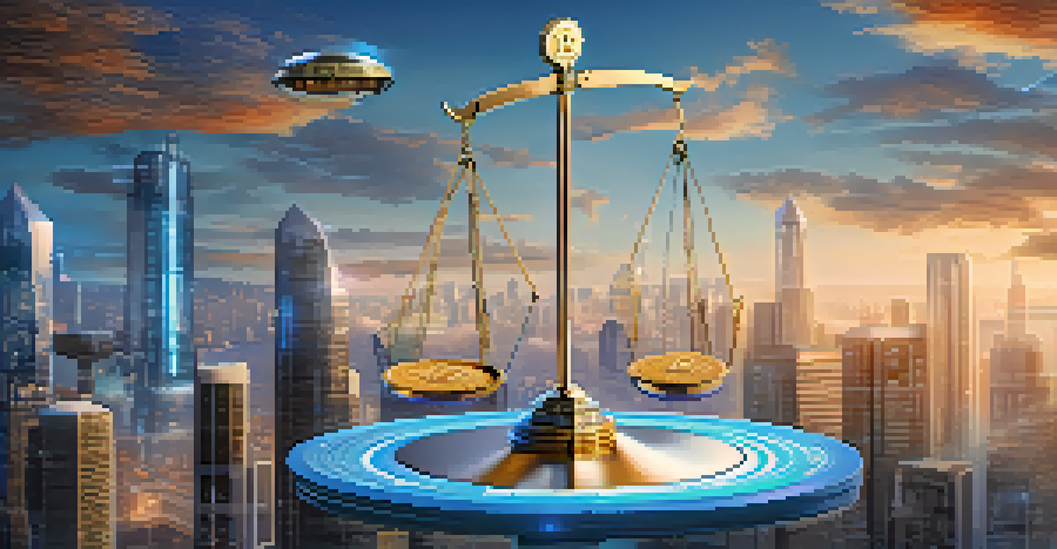 An illustration of a balanced scale with cryptocurrency coins on one side and legal documents on the other, set against a futuristic cityscape background.