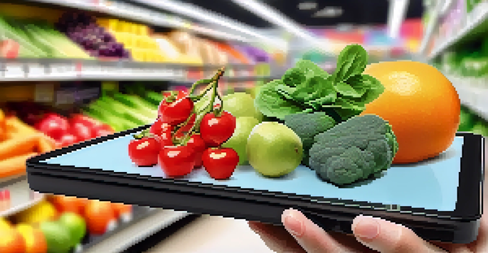 A digital tablet showing a blockchain ledger alongside fresh fruits and vegetables in a grocery store.