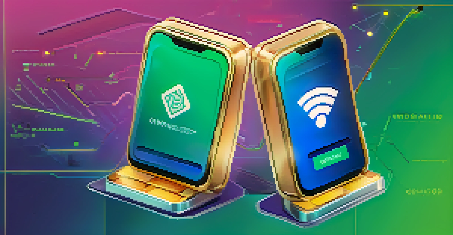 A digital illustration showing a hot wallet as a mobile app and a cold wallet as a secure hardware device against a blue and green gradient background.