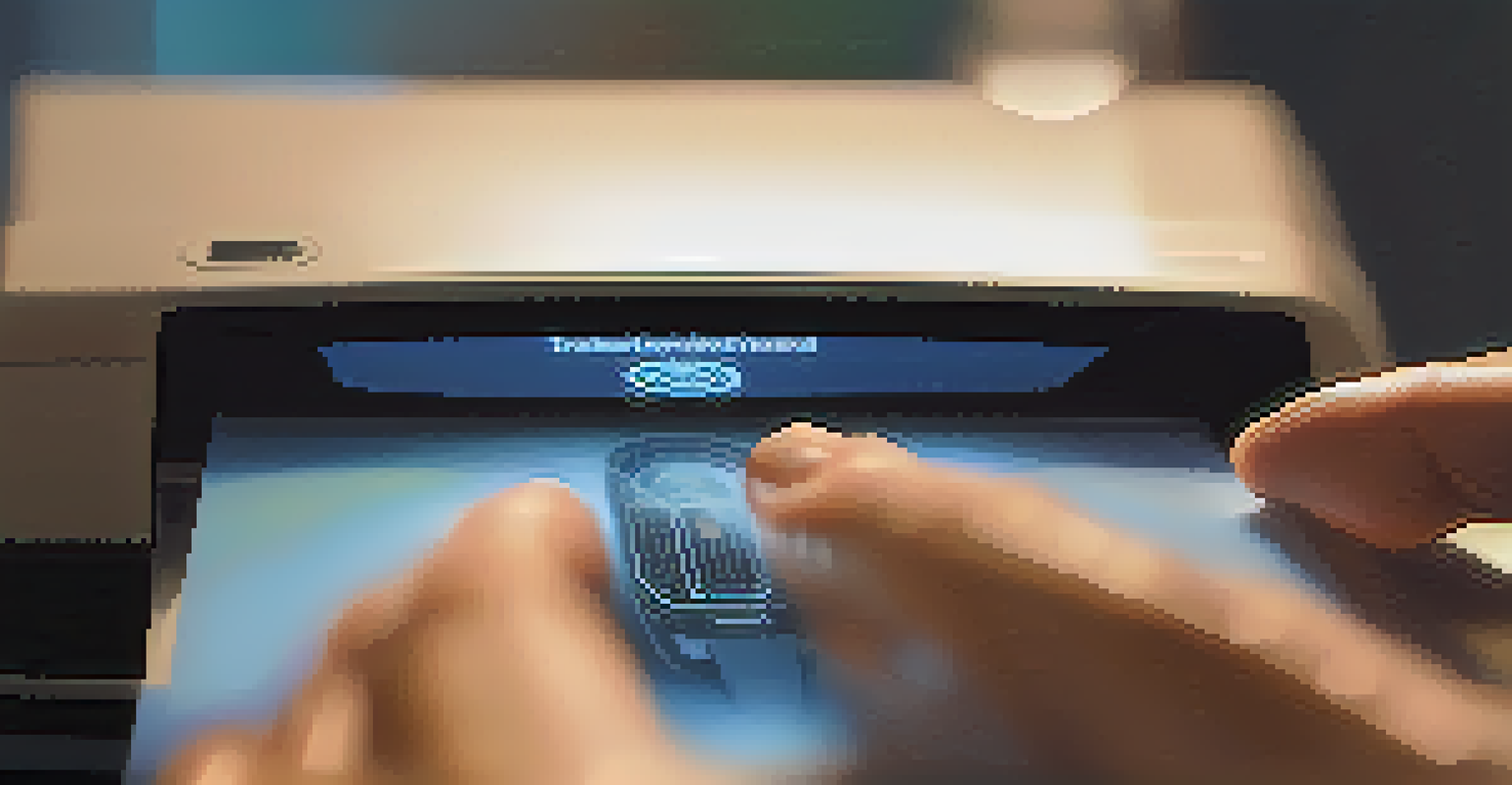 A close-up of a hand using a biometric scanner, with a digital interface in the background showing successful identity verification.