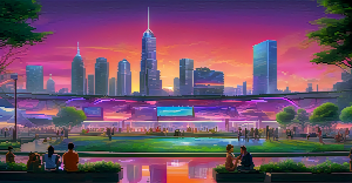 A futuristic city skyline at dusk with neon lights and a park in the foreground.