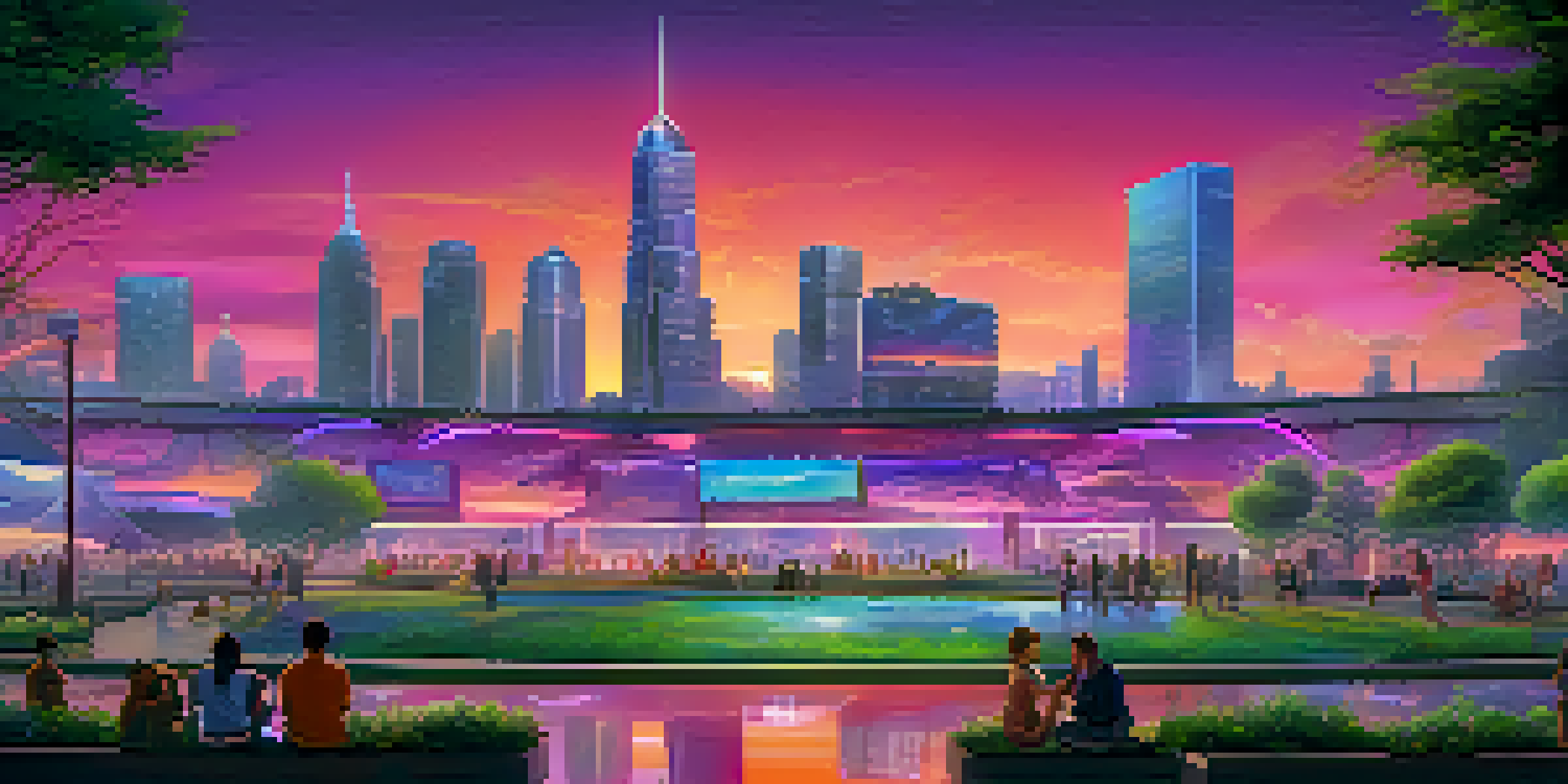 A futuristic city skyline at dusk with neon lights and a park in the foreground.