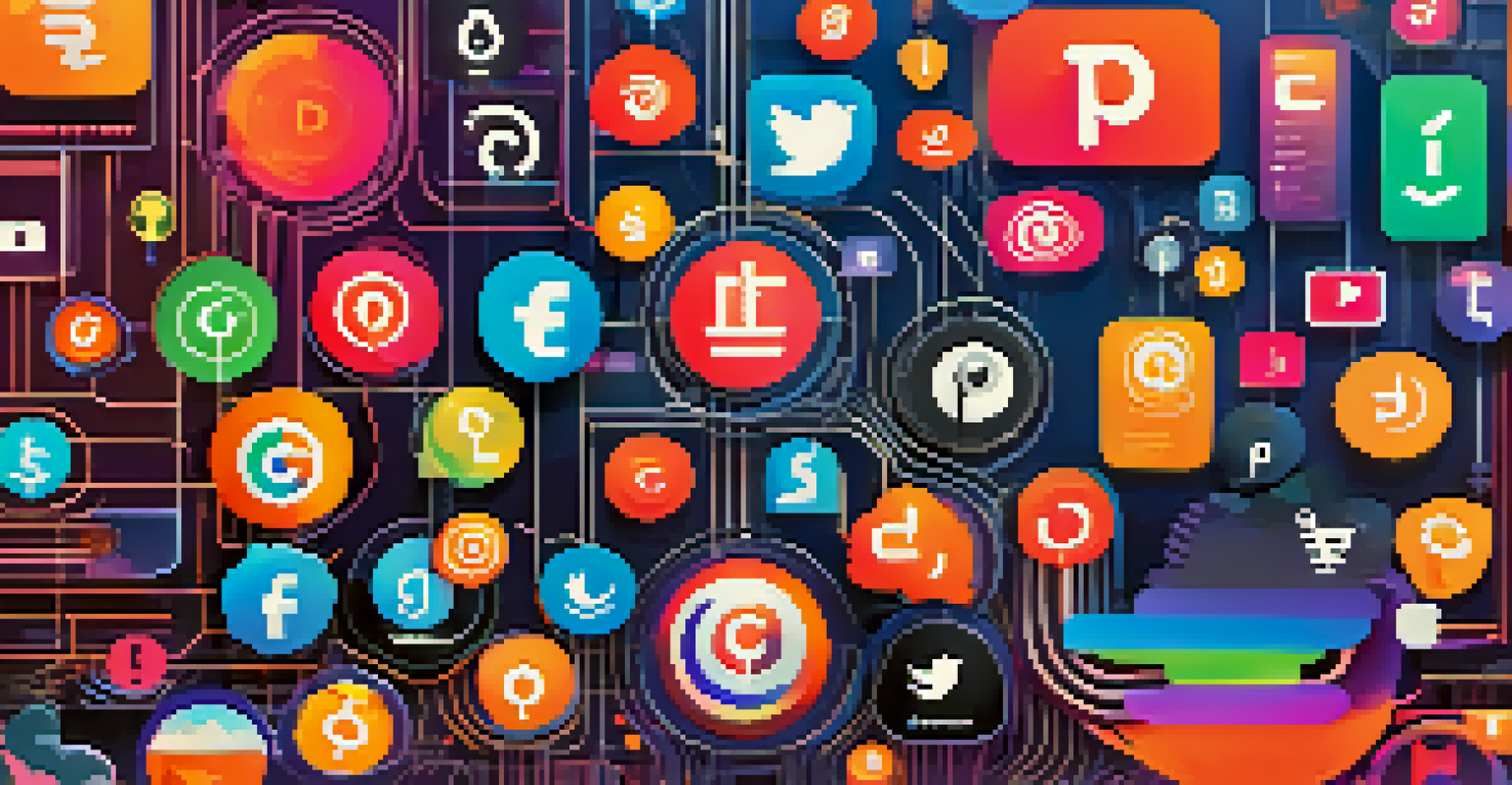 An infographic displaying social media platforms and their influence on cryptocurrency trends, with colorful icons and symbols.