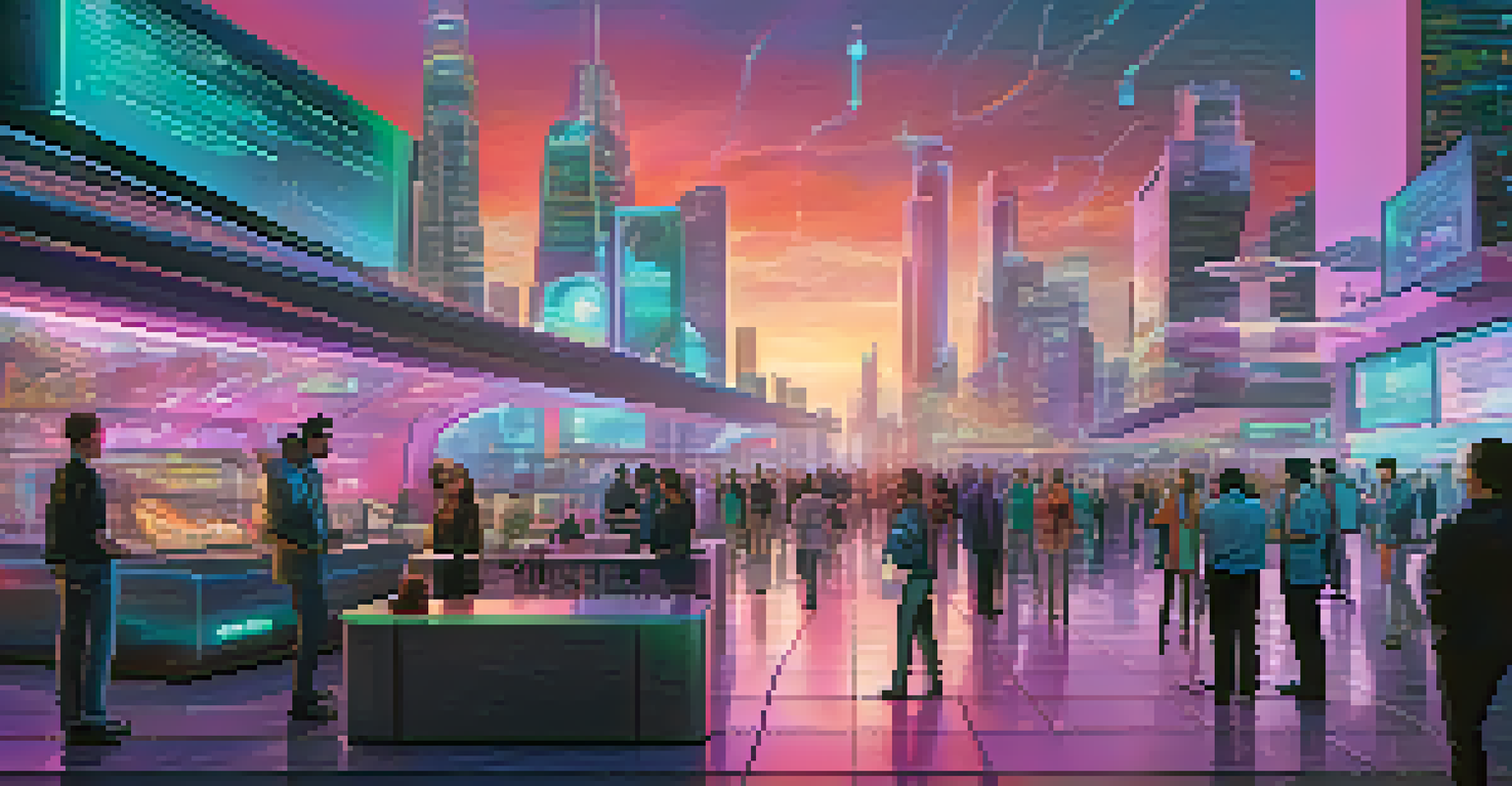 A futuristic cityscape featuring holographic job postings and diverse individuals interacting with technology, illuminated by neon colors.