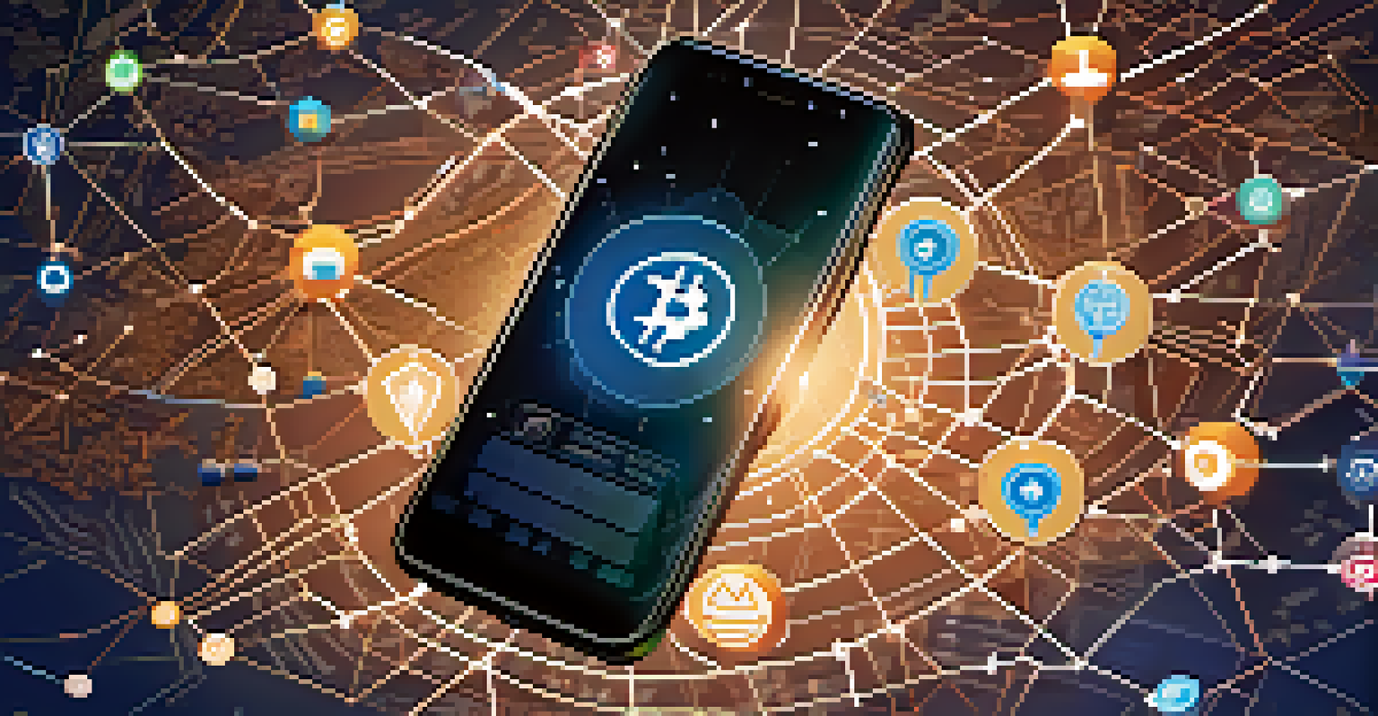 A smartphone showing a cryptocurrency wallet app with various crypto symbols and a global map background.
