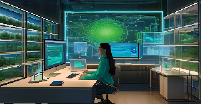 A person interacting with a blockchain interface showing smart contracts, surrounded by creative artworks and documents in a well-lit workspace.
