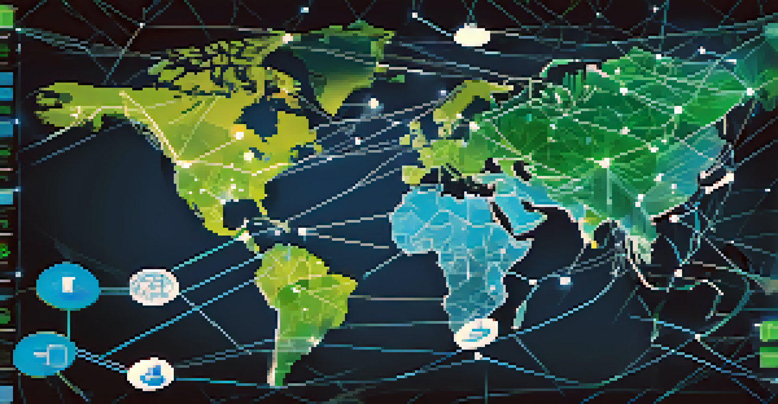 A digital map showing global connections for international contracts enabled by blockchain technology, with highlighted countries and industry icons.