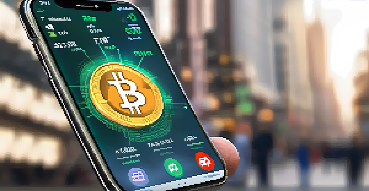Close-up of a smartphone showing a cryptocurrency app with market data, set against a blurred urban background.