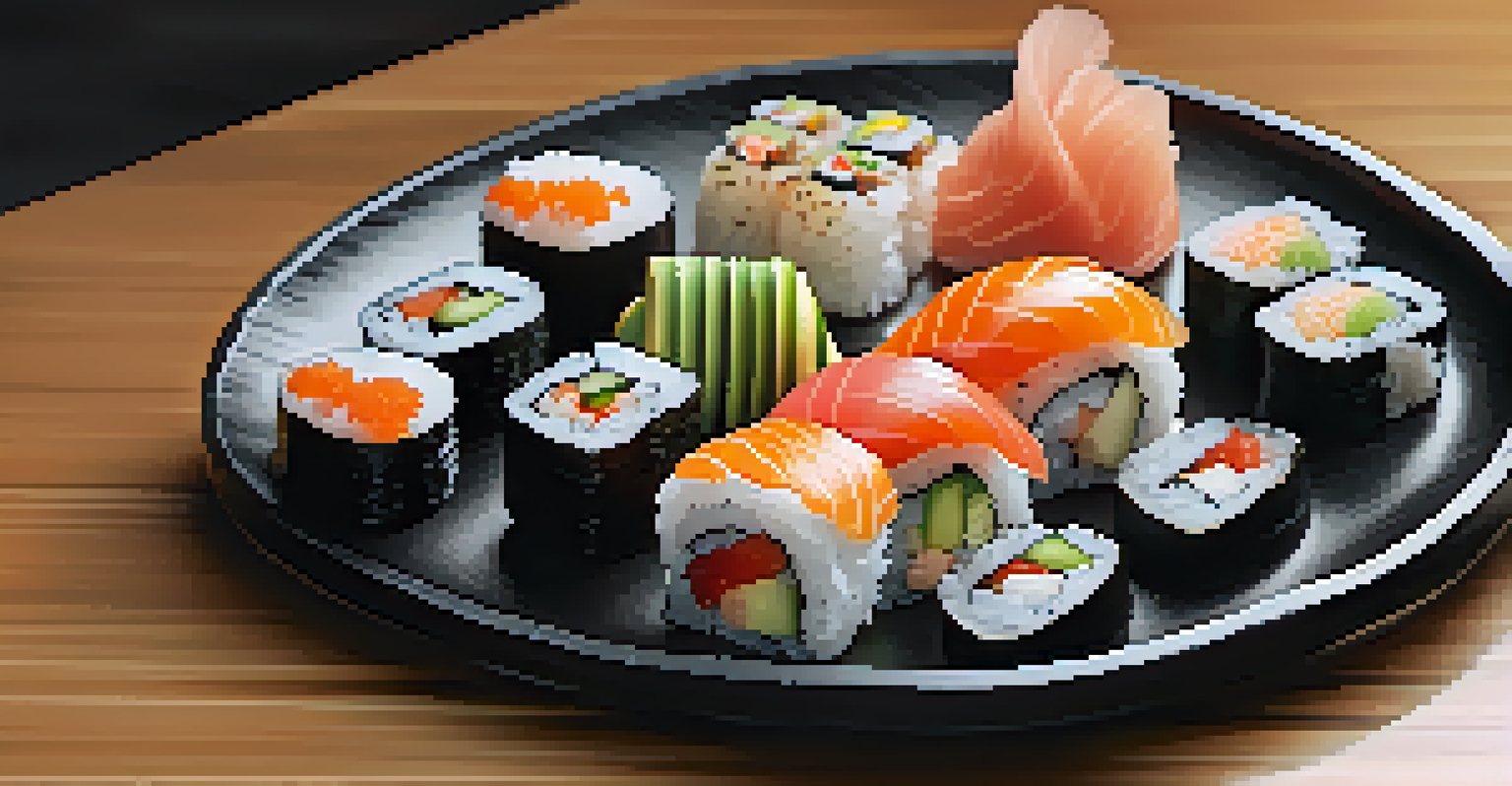 A close-up of a gourmet sushi platter with colorful rolls and garnishes.