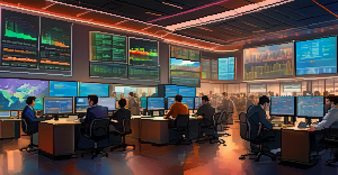 A lively cryptocurrency trading floor with investors examining charts on screens, illuminated by colorful digital displays and natural light.