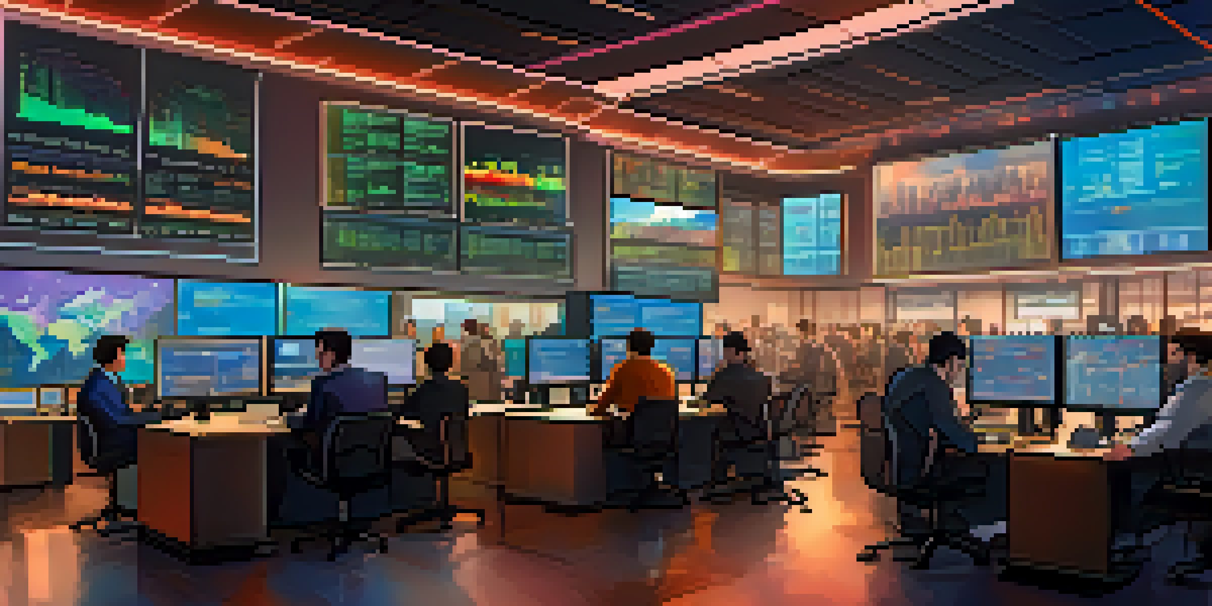 A lively cryptocurrency trading floor with investors examining charts on screens, illuminated by colorful digital displays and natural light.
