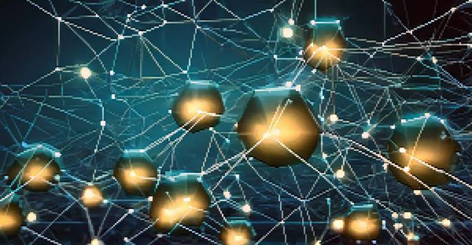 An abstract representation of digital identity with interconnected nodes and lines in a gradient blue and teal background.