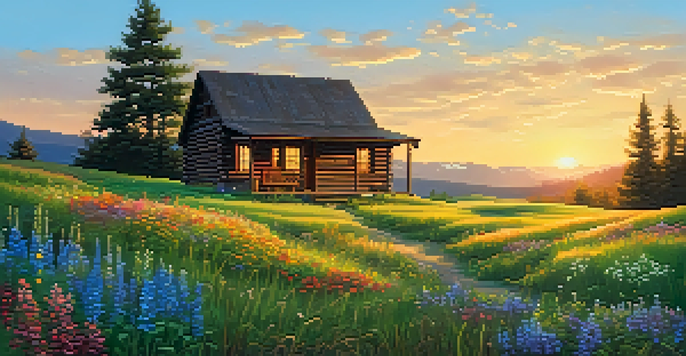 A peaceful countryside scene with a wooden cabin surrounded by wildflowers and a sunset sky.