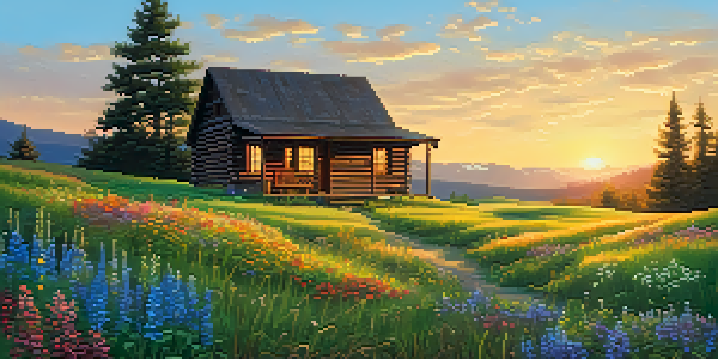 A peaceful countryside scene with a wooden cabin surrounded by wildflowers and a sunset sky.
