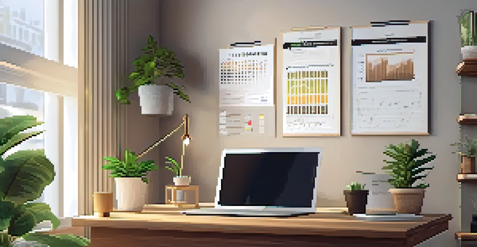 A cozy home office with a wooden desk, laptop displaying cryptocurrency charts, and a potted plant under soft natural light.