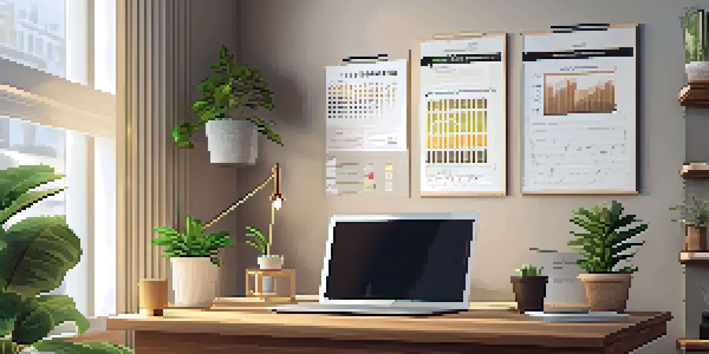 A cozy home office with a wooden desk, laptop displaying cryptocurrency charts, and a potted plant under soft natural light.