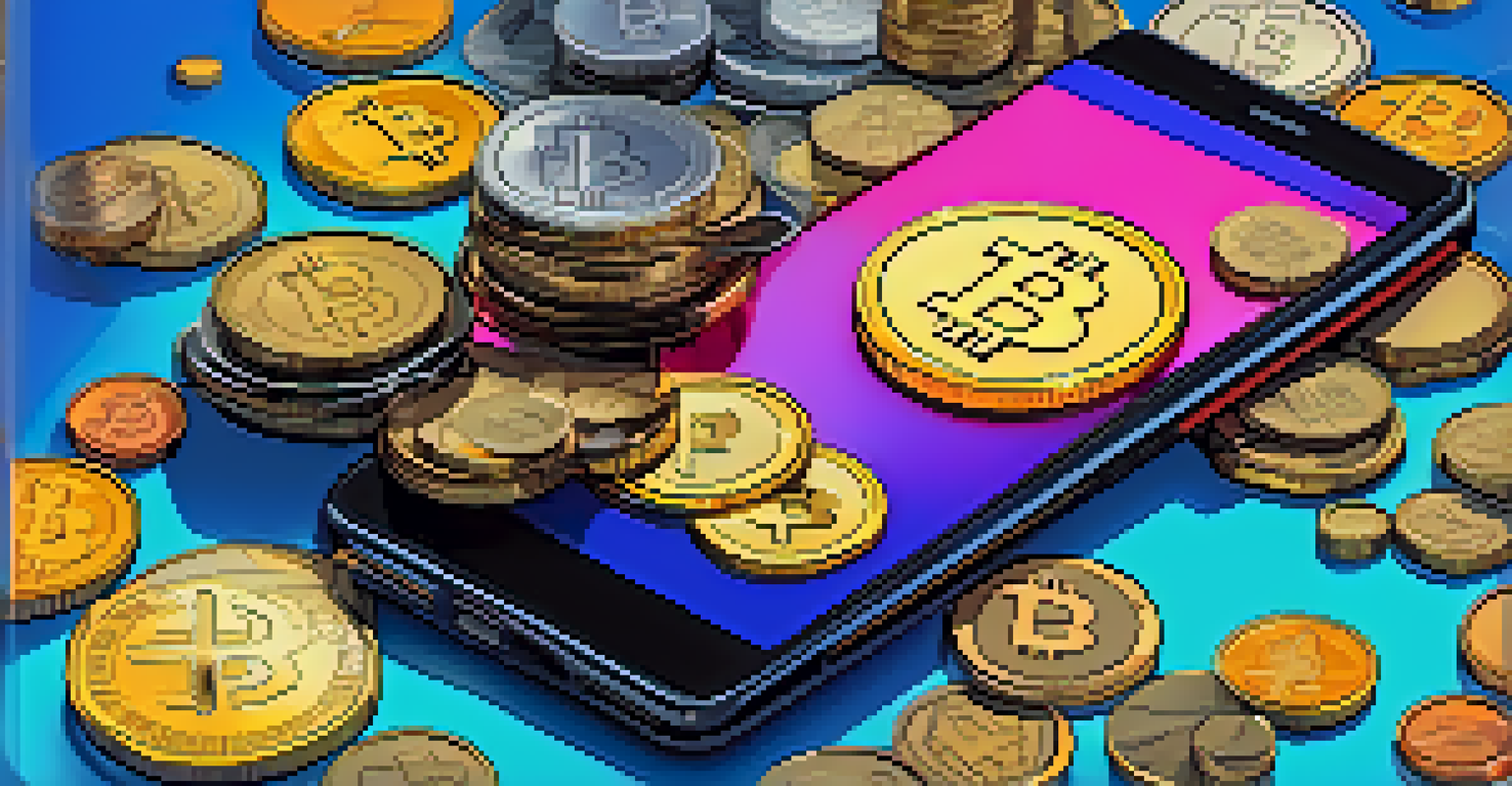 A smartphone displaying a digital cryptocurrency wallet interface with floating coins in a vibrant blue background.