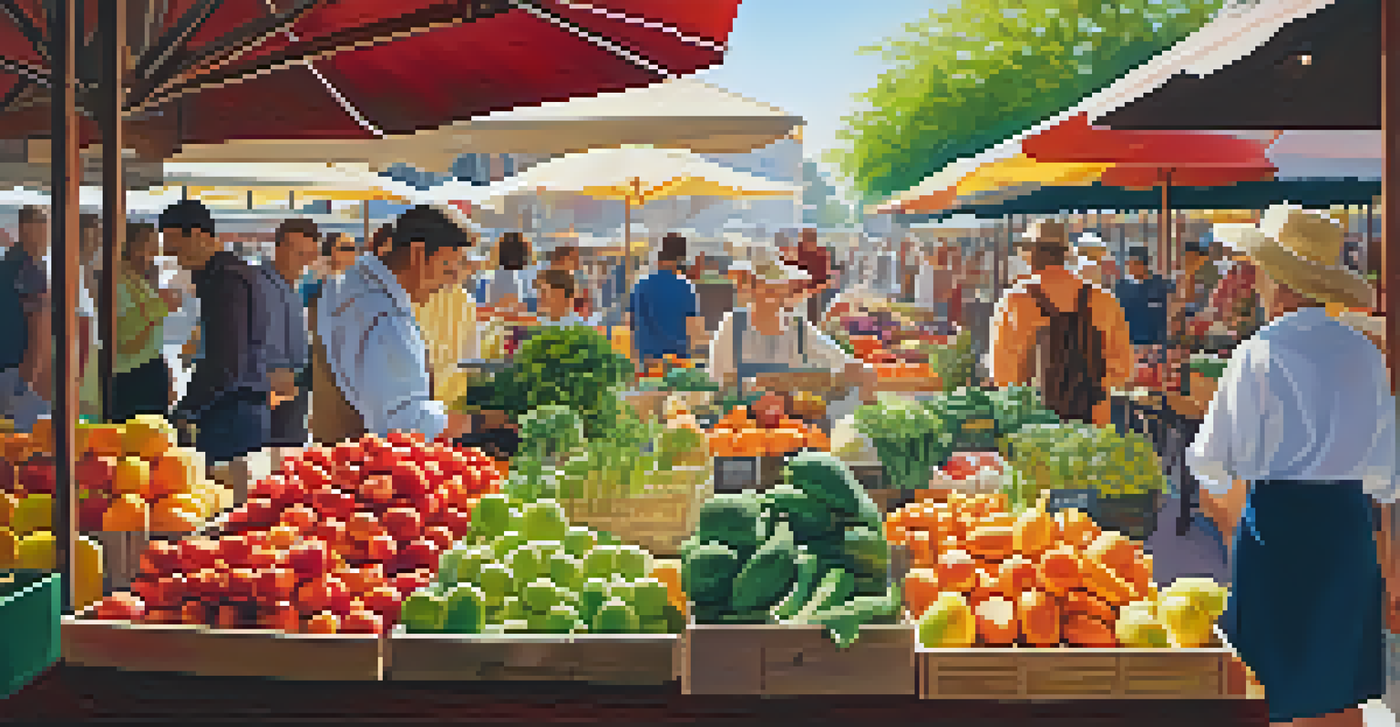 A lively farmer's market with colorful produce and shoppers, filled with sunlight and vibrant decorations.