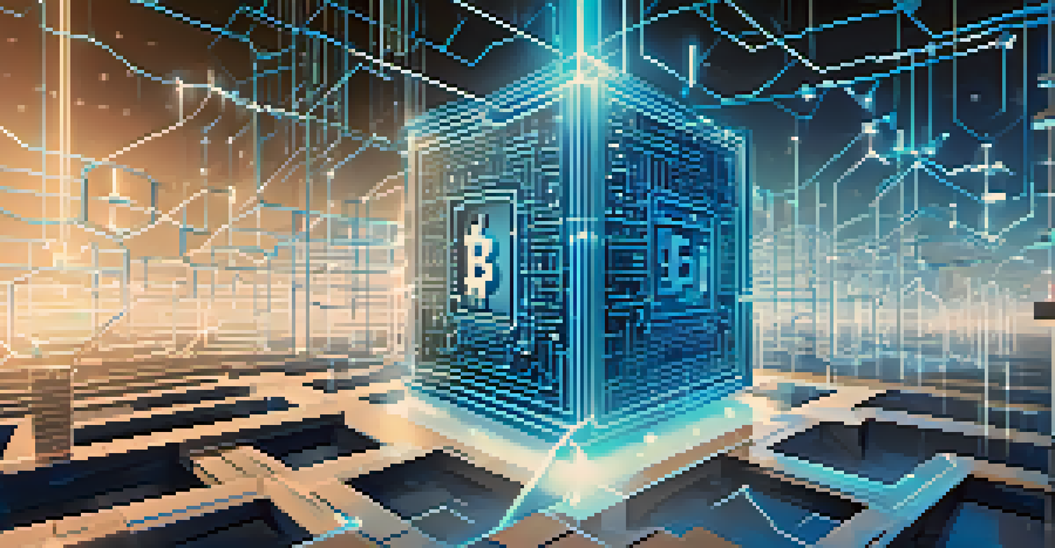 A futuristic depiction of blockchain technology with glowing interconnected blocks and binary code in the background.