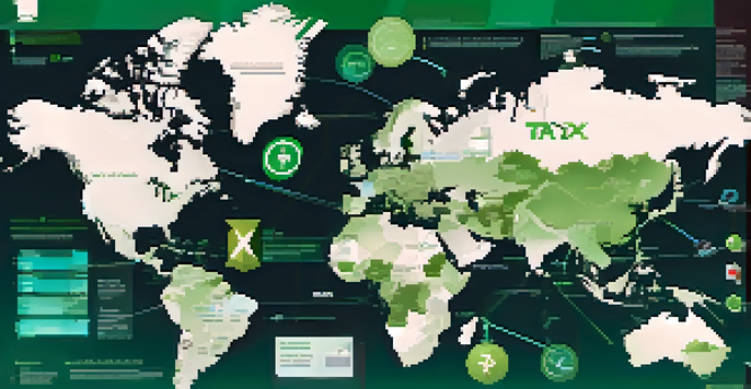 An infographic showing a world map with highlighted countries, arrows for cross-border transactions, and icons of digital currencies and tax documents.