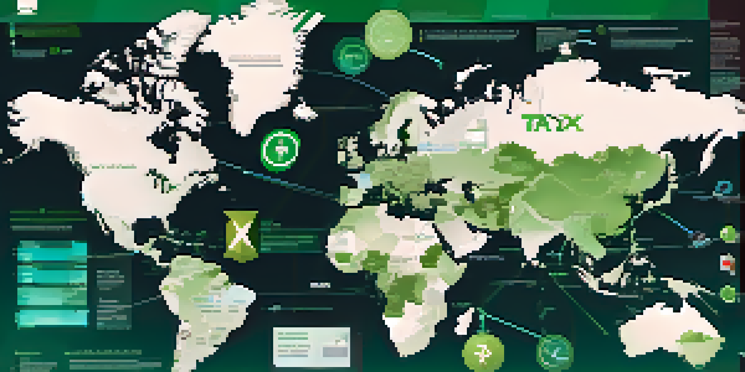 An infographic showing a world map with highlighted countries, arrows for cross-border transactions, and icons of digital currencies and tax documents.