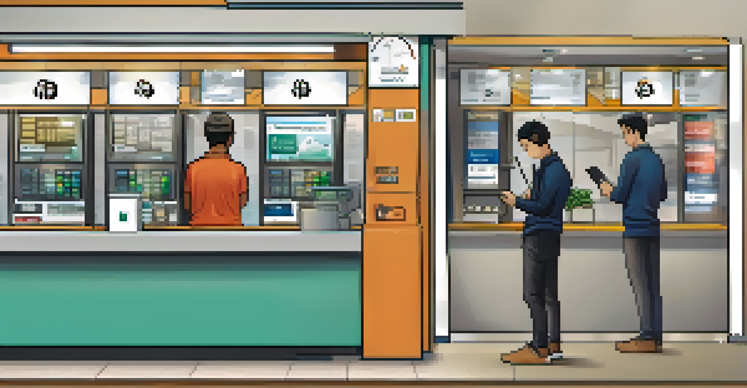 A split-screen showing frustration at a bank counter on one side, and a happy person using a smartphone for cryptocurrency on the other.