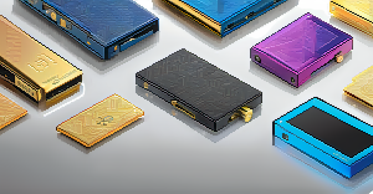 An arrangement of various hardware wallets on a reflective surface with cryptocurrency symbols in the background.