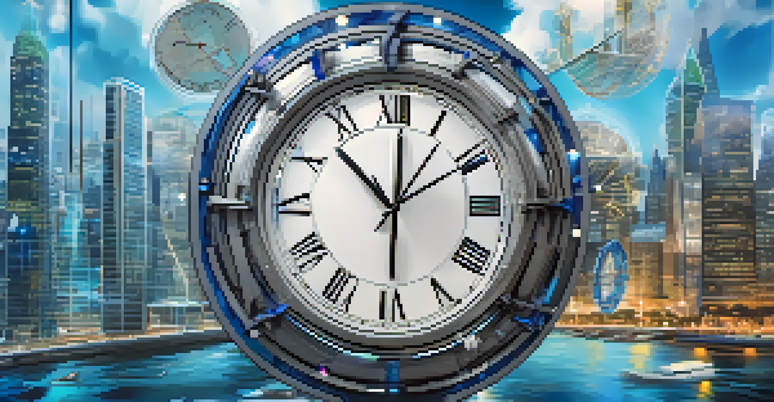 A clock with multiple hands representing different time zones, surrounded by digital elements of smart contracts.