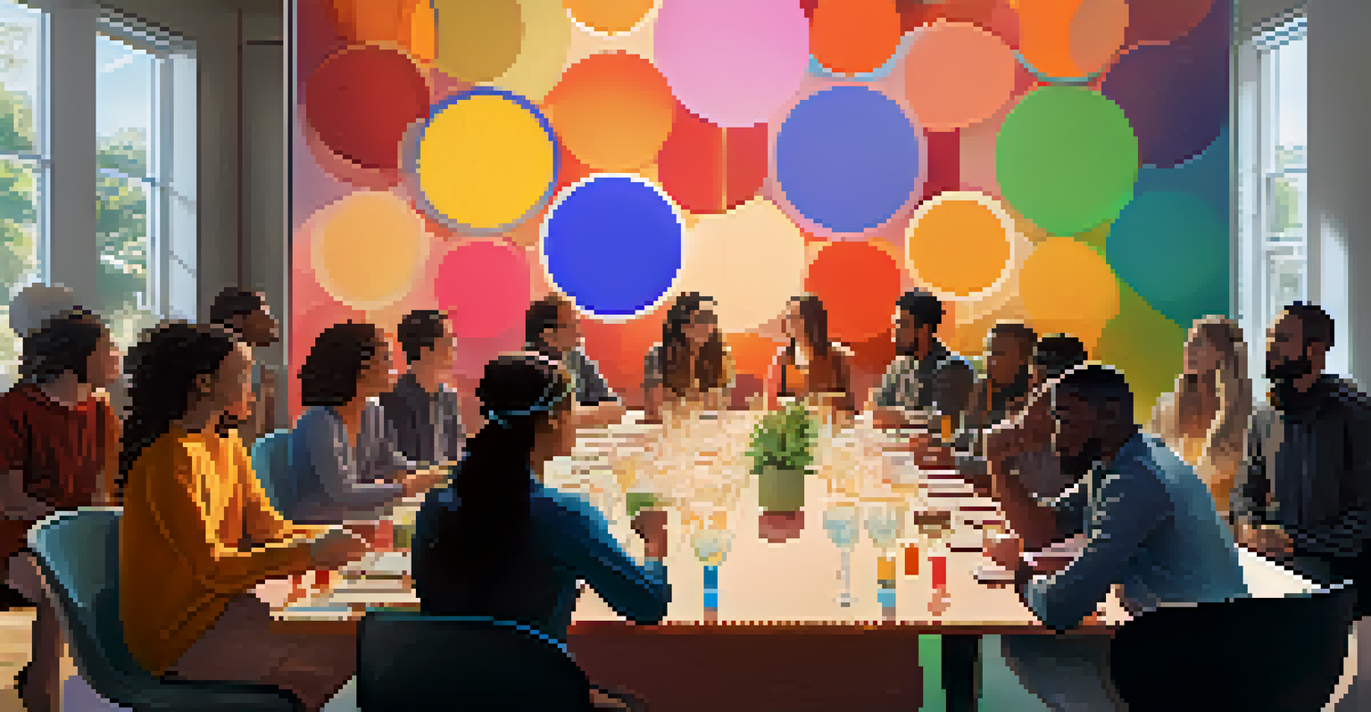 An abstract image depicting diverse groups of people discussing during a blockchain hard fork, with colored circles representing each group and a digital interface overlay.