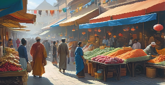 A diverse group of people engaging in commerce at an international market, surrounded by colorful stalls and bright sunlight.